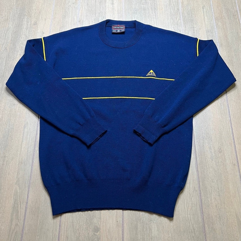 Demetre Sweater Mens Medium Blue Vintage 80s Pure Virgin Wool Striped Ski Knit